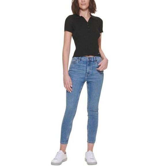 Calvin Klein Jeans Petite Medium Black Ribbed Polo Short Sleeve Shirt NWOT - Picture 4 of 7